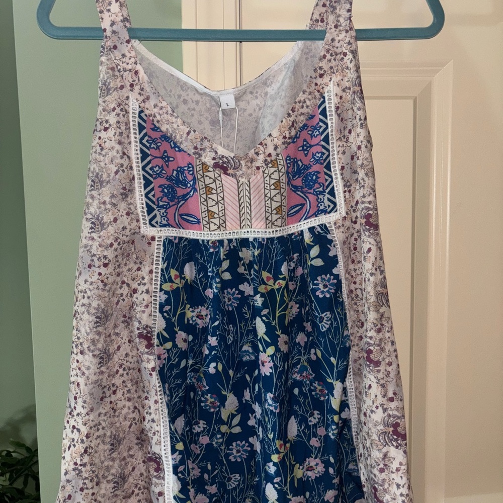 Floral Sleeveless Dress with Blue and Pink Accents